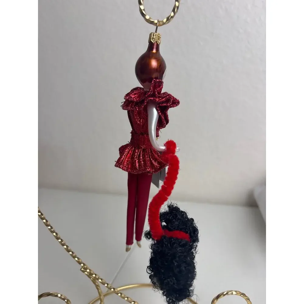 De Carlini Neiman Marcus Lady w/ Poodle Glass Ornament Red Outfit Italy Box Tags